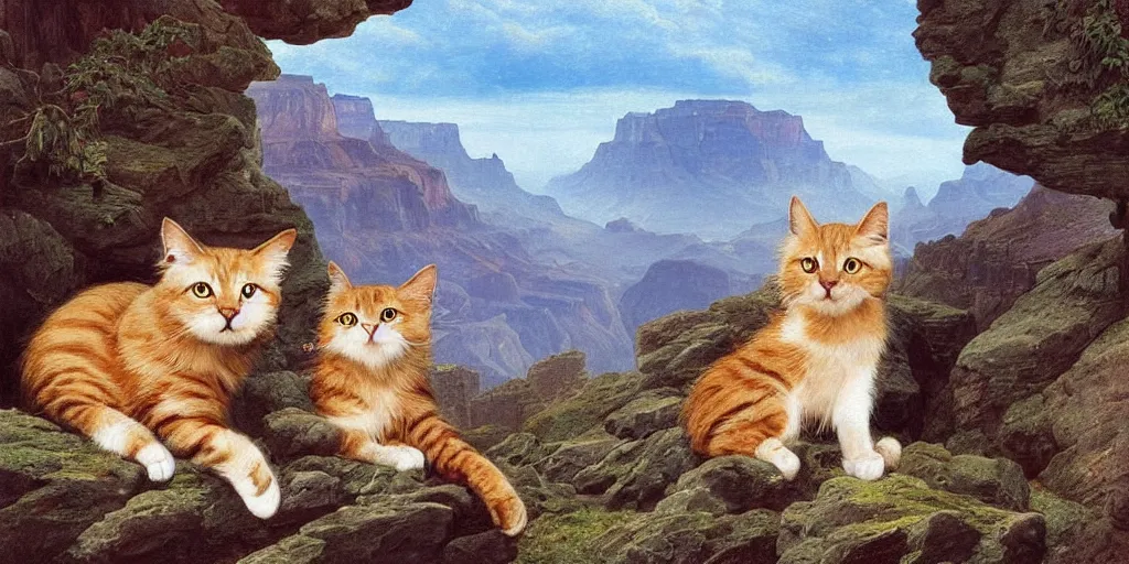 Prompt: two cats in the grand canyon, stream, 3 d precious moments plush animal, realistic fur, master painter and art style of caspar david friedrich and philipp otto runge, highly detailed, masterpiece