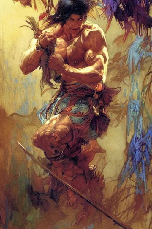 Prompt: attractive muscular man, short hair, wuxia, colorful, painting by gaston bussiere, craig mullins, greg rutkowski, alphonse mucha