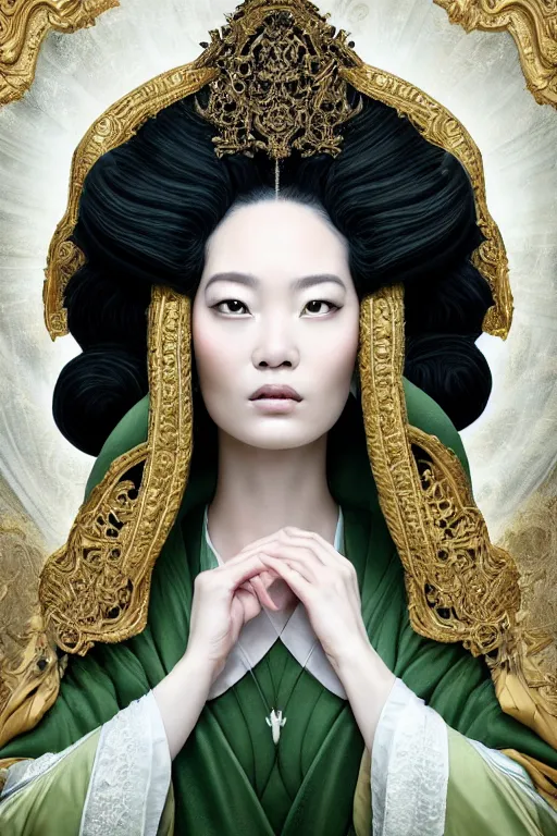 Prompt: a beautiful empress portrait, with a brilliant, impossible striking big hairstyle black hair, clothes white robes, everything hair, symmetrical, dramatic studio lighting, rococo, baroque, greens, asian, hyperrealism, closeup, D&D, fantasy, intricate, elegant, highly detailed, digital painting, artstation, octane render, 8k, concept art, matte, sharp focus, illustration, art by Artgerm and Greg Rutkowski and Alphonse Mucha