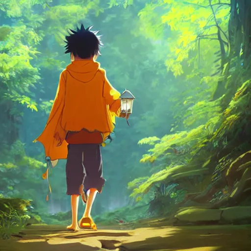 Image similar to concept art painting of an anthropomorphic luffy wearing a yellow cloak, holding a lantern, in the deep forest, realistic, detailed, cel shaded, in the style of makoto shinkai and greg rutkowski and james gurney