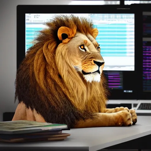 Image similar to Lion at computer, trading stocks, candle stick chart on screen, digital art, realistic, trending on artstation