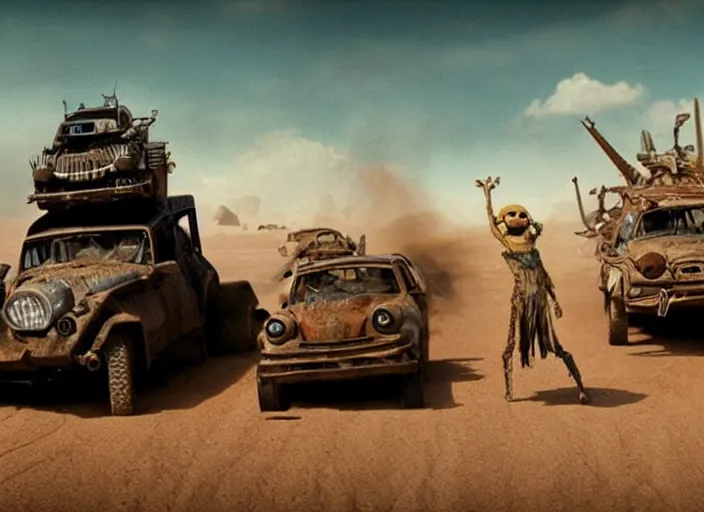 Image similar to scene from the 2015 science fiction film Muppet Mad Max: Fury Road