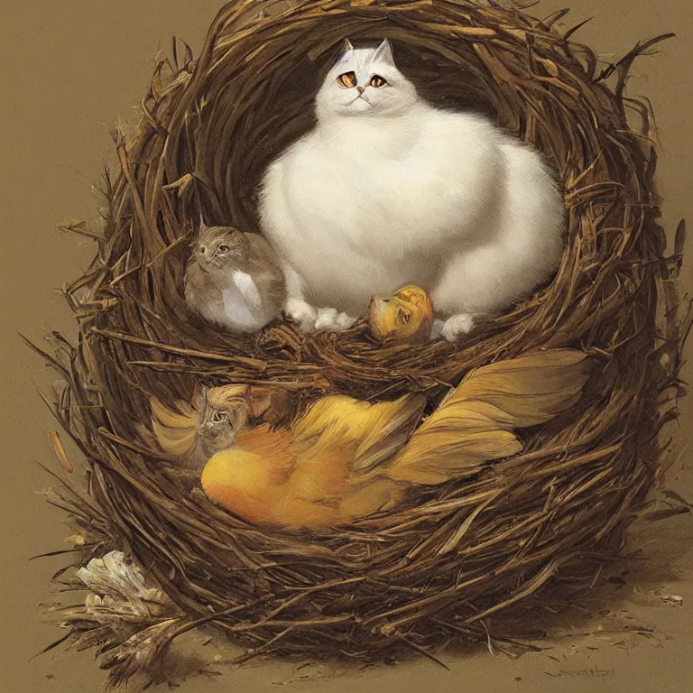 Image similar to a plump cartoon cat with feathers sitting in a bird nest by Justin Gerard