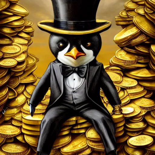 Image similar to anthropomorphized rich penguin capitalist sitting on pile of gold, wearing fancy top hat, concept art, insanely detailed and intricate, hypermaximalist, elegant, ornate, hyper realistic, super detailed, art deco, cinematic, trending on artstation, magic the gathering artwork