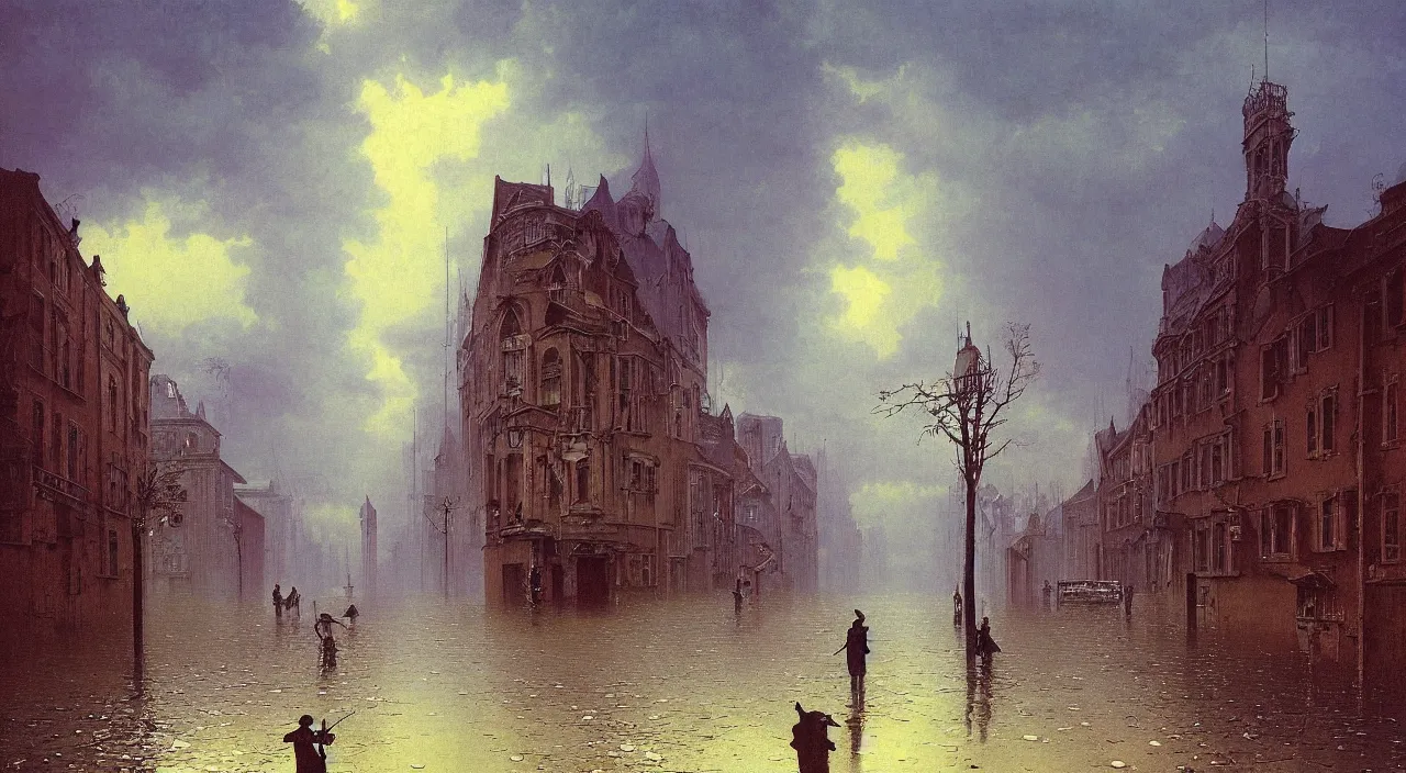 Prompt: a high contrast! painting of an old flooded empty street by bruce pennington carl spitzweg rene magritte, full - length view, psychedelic, surreal, distorted, vivid colors, symmetry, great composition, high detail, cinematic lighting, masterpiece