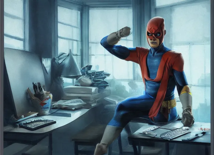 Image similar to an insanely detailed and realistic painting of an asian man wearing a homemade superhero costume, sitting at a desk, staring seriously at the computer and typing, in the style of peter mohrbacher, james jean, artgerm, dramatic lighting and composition, surreal background, octane render, pixar, trending on artstation, concept art, comic book, 8 k