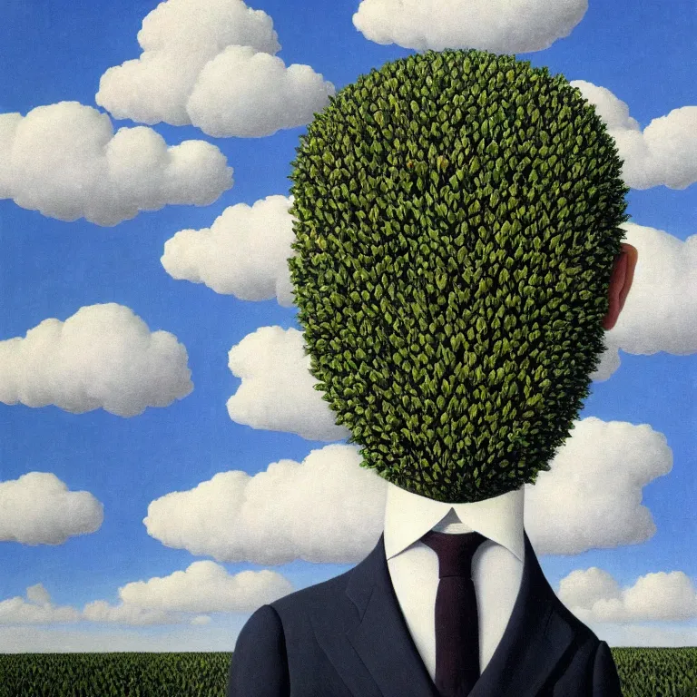 Image similar to portrait of a faceless beautiful flower - head man in a suit, clouds in the background, by rene magritte, detailed painting, distance, middle centered, hd, hq, high resolution, high detail, 4 k, 8 k