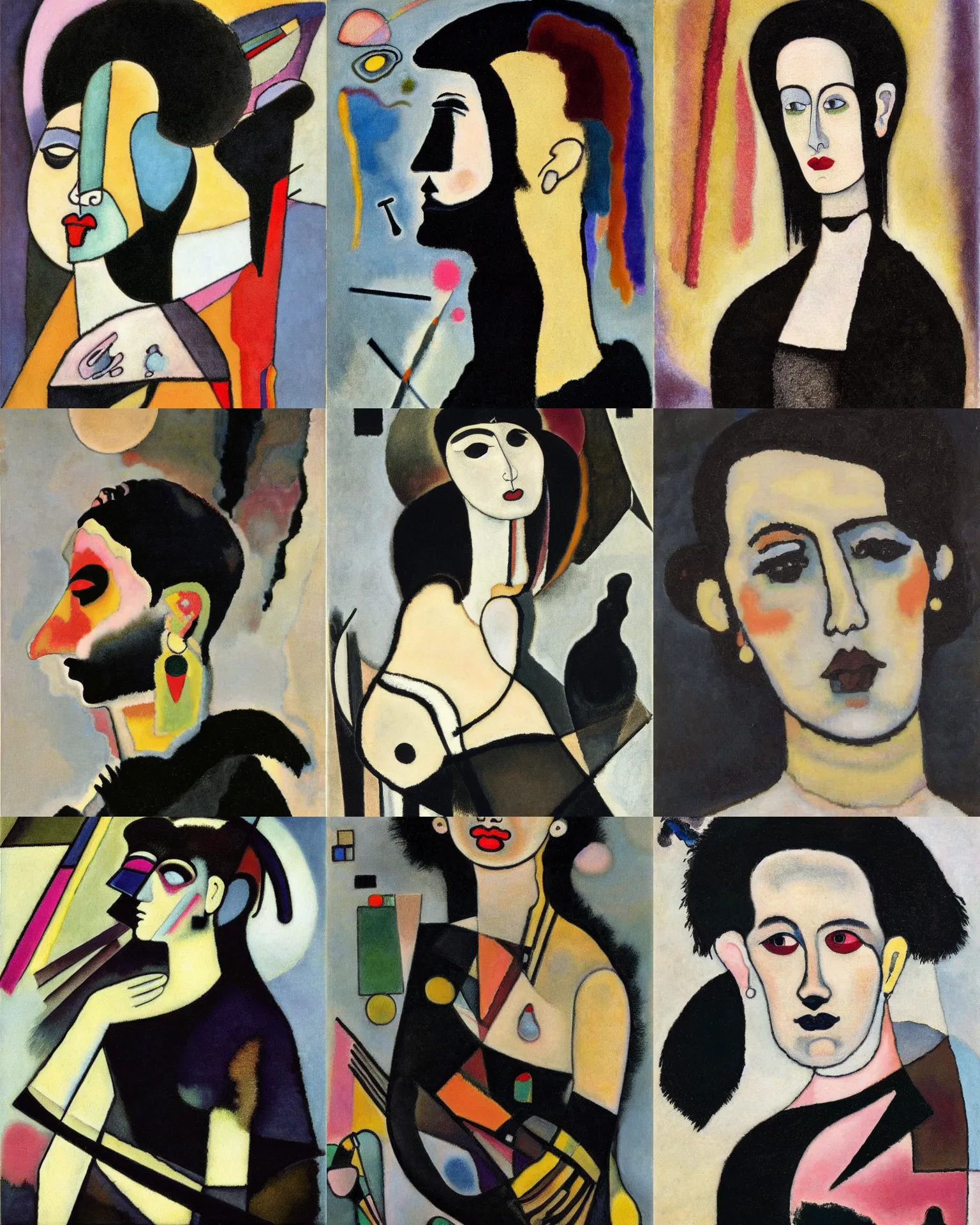 Prompt: A goth portrait painted by Wassily Kandinsky. Her hair is dark brown and cut into a short, messy pixie cut. She has a slightly rounded face, with a pointed chin, large entirely-black eyes, and a small nose. She is wearing a black tank top, a black leather jacket, a black knee-length skirt, a black choker, and black leather boots.