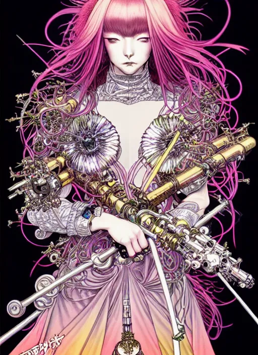 Image similar to highly detailed terada katsuya artstation manga poster of witch mechine, hajime sorayama, rainbow gradient bloom, long hair, armor, dress, laces, ruffles, 8 k, maximalist, ayami kojima, alphonse mucha