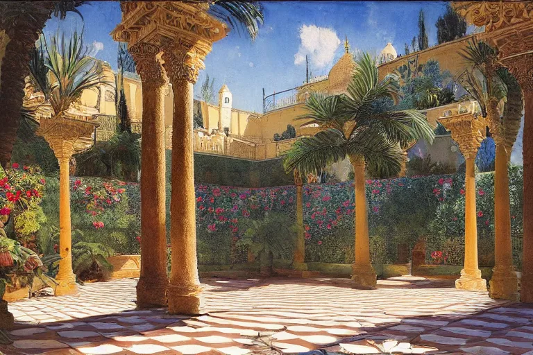 Image similar to painting of a beautiful moorish palace courtyard garden, by arkady rylov and rudolf ernst and maxfield parrish, patterned tilework, palm trees, tiled fountains, extremely detailed, cinematic lighting, smooth sharp focus