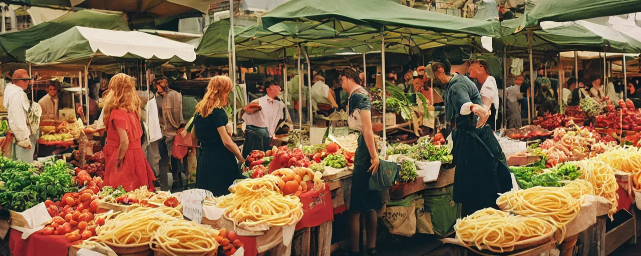 Prompt: farmers market with spaghetti, canon 5 0 mm, cinematic lighting, photography, wes anderson, film, kodachrome
