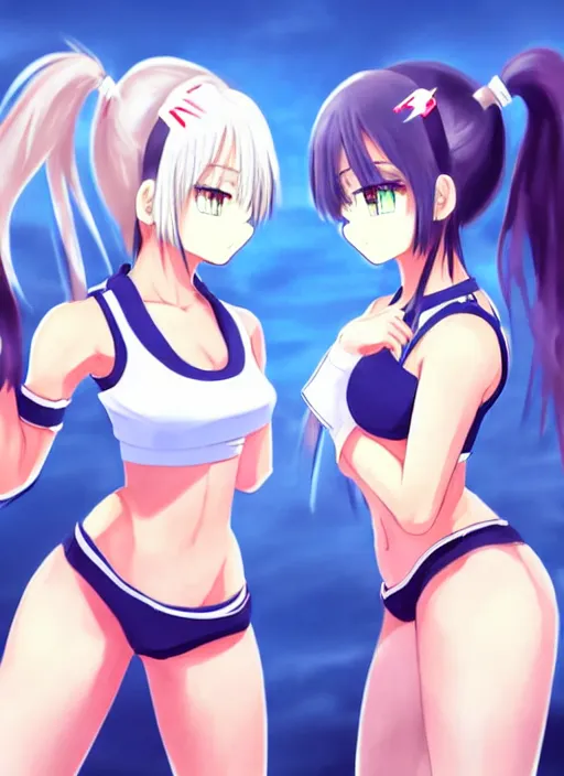 Prompt: two beautiful female fighters with twintails taunting each other, denim shorts, white top, dim lighting, gorgeous features, smooth, detailed anime art