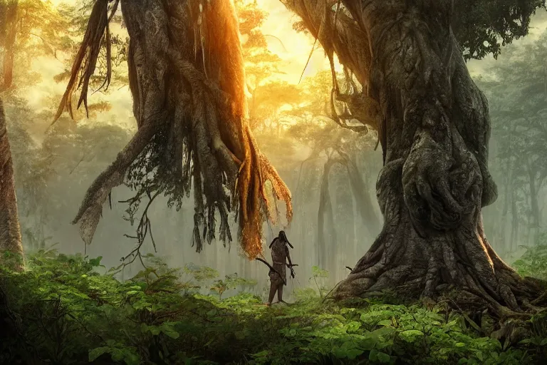 Prompt: ancient warrior walking through the forest looking up a tree during a beautiful sunset, jungle mountains in the background with huge incredibly immense trees, highly detailed, gandalf hyperrealism high detailed figure, trending on art station, ancient forest like fanal forest or fangorn forest, misty forest, realistic painting, sharp image, hyper realistic art, highly detailed leaves, cinematic