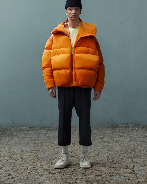 Prompt: a puffy and oversized winter jacket mango fruit jacket, concept, virgil abloh, wes anderson, ilya kuvshinov, photorealistic, artstatio, high fashion, modern