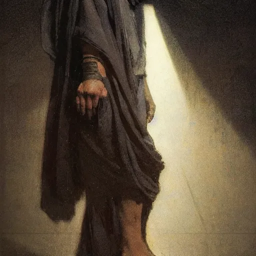 Image similar to half portait of jedi wearing a closed cowl and big old book! chained to the wrist, jeremy mann, jean - leon gerome, tiepolo, alphonse mucha, greg rutkowski, face in the shadows, ( ( ruins of ancient rome ) ), at dusk, mysterious atmosphere, sunrays, dof, high detailed, 8 k