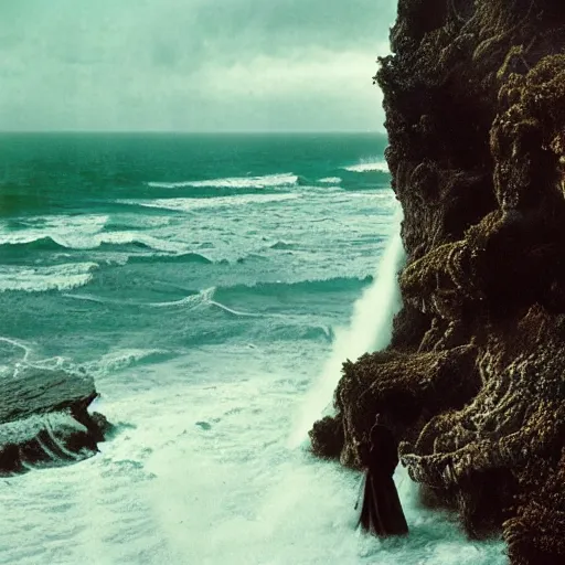 Image similar to 1 9 7 0's artistic italian western film in color, a woman in a giant billowy wide flowing waving dress made out of sea foam, standing inside a green mossy irish rocky scenic landscape, crashing waves and sea foam, volumetric lighting, backlit, moody, atmospheric