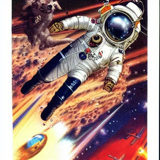 Prompt: heroic corgi cosmonaut illustration by noriyoshi ohrai, highly detailed, intense, dynamic