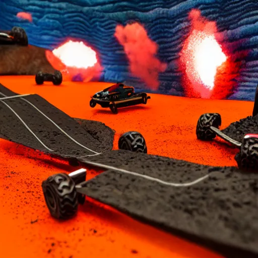 Image similar to diorama of a lava-themed mario kart track, studio lighting, high quality photo