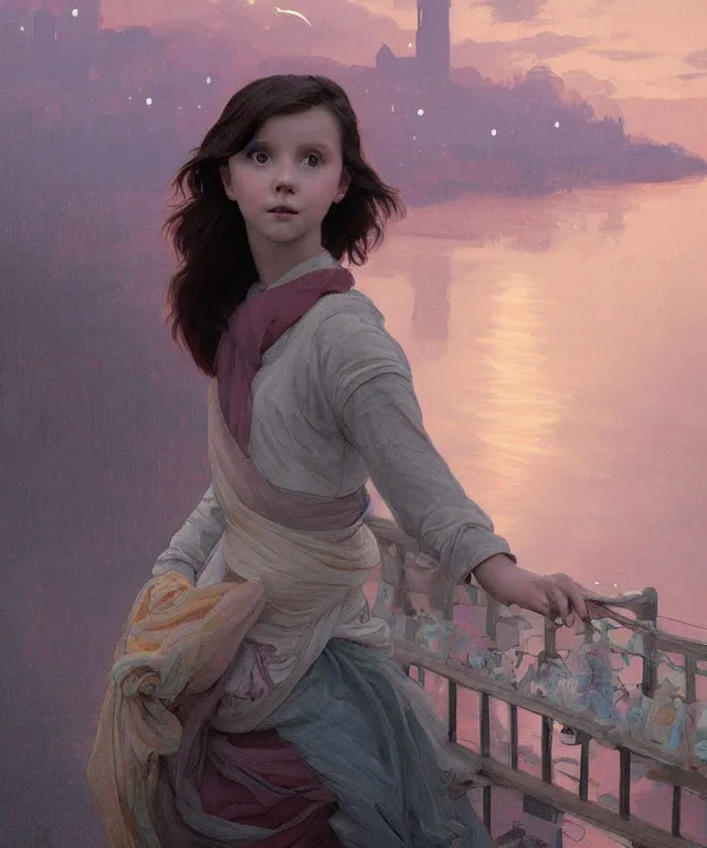 Image similar to a beautiful painting of a girl resembling millie bobby brown standing on a bridge, watching the view from the river of the lantern festival in a an ancient italian town, at night with a sky full of stars, intricate, elegant, highly detailed, digital painting, artstation, concept art, by krenz cushart and artem demura and alphonse mucha