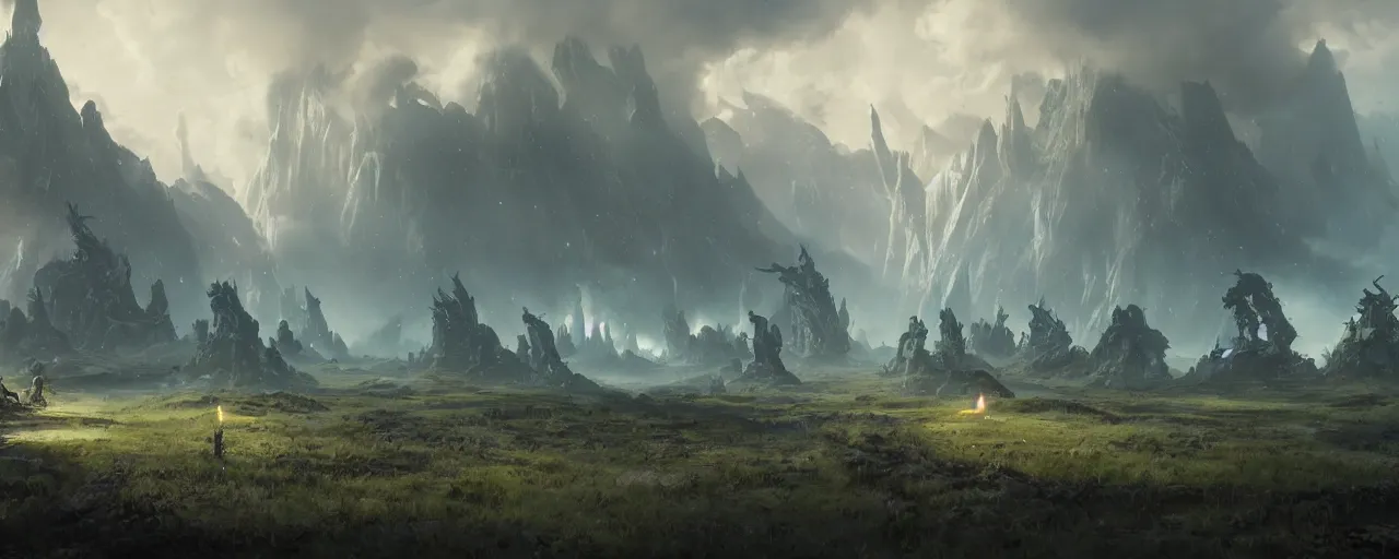 Prompt: mysterious fantasy kingdom of lost elves on another planet, [ cinematic, detailed, epic, widescreen, opening, establishing, mattepainting, photorealistic, 4 k, octane render, art by greg rutkowski ]