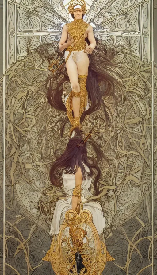 Image similar to soldiers in white armor, highly detailed, very intricate, art nouveau, gold filigree, left right symmetry, tarot concept art watercolor illustration by mandy jurgens and alphonse mucha and alena aenami, featured on artstation