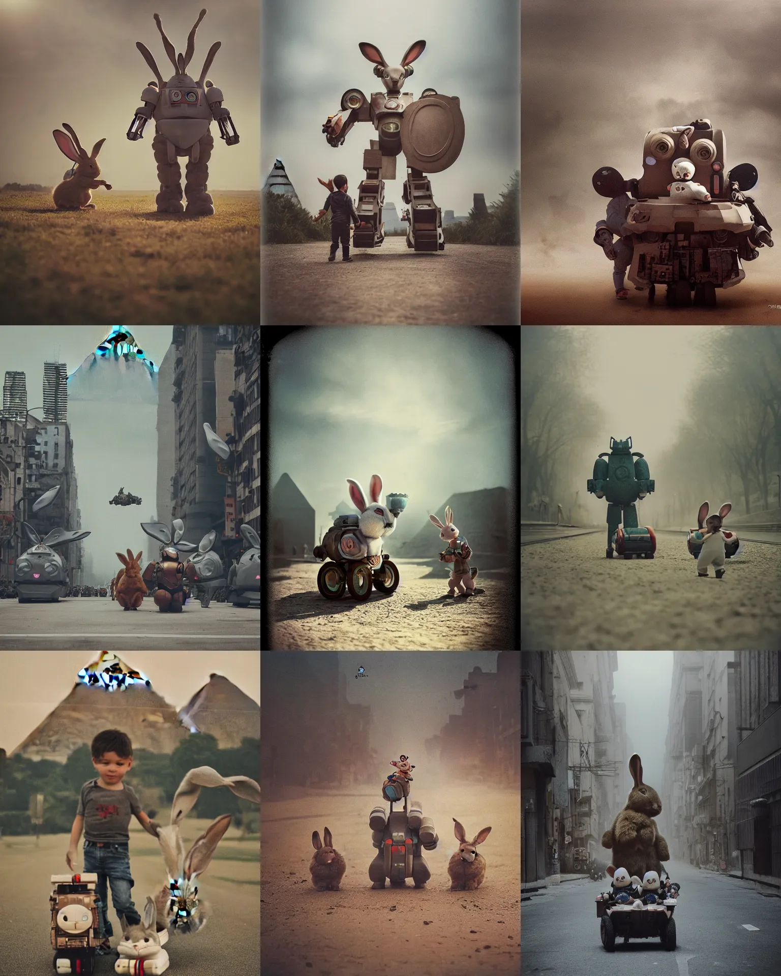 Prompt: epic battle pose giant oversized battle rabbit robot chubby mech baby train cute with big ears and rabbit in giza , Cinematic focus, Polaroid photo, vintage, neutral colors, soft lights, foggy, by gregory crewdson