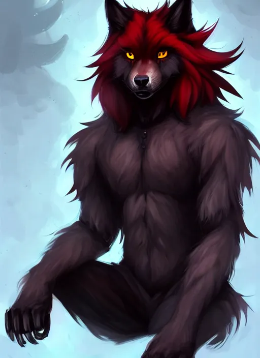 Image similar to character concept art of a black anthropomorphic furry male wolf long red hair | | cute - fine - face, pretty face, key visual, realistic shaded perfect face, fine details by stanley artgerm lau, wlop, rossdraws, james jean, andrei riabovitchev, marc simonetti, and sakimichan, trending on artstation