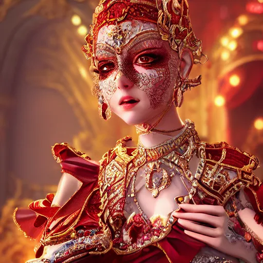 Image similar to wonderful princess with smooth fair skin, alluring eyes, red eyeshadow, red jewelry, breathtaking, elegant, intricate, ornate backdrop, hyper detailed, accent lighting, 4 k photography, octane render