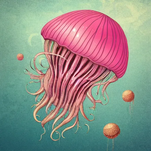 Prompt: hyperdetailed photorealistic modern childrenbook illustration of a maximalist voluptuous elegant huge pinkish jellyfish, swimming in the ocean. with interesting steampunk details. seen from the distance. transparent soft natural tones