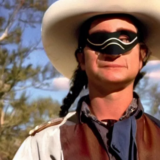 Image similar to Tim Robinson from I think You should Leave, dressed up as the the Lone Ranger outfit and eye mask disguise, photo from the TV show Hot Shots Megee