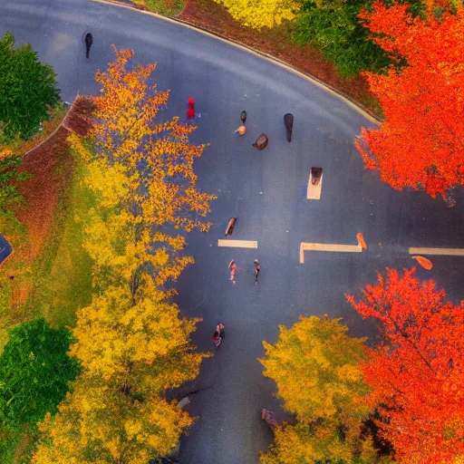 Prompt: drone shot photograph of downtown charlottesville virginia. autumn leaves cover the ground