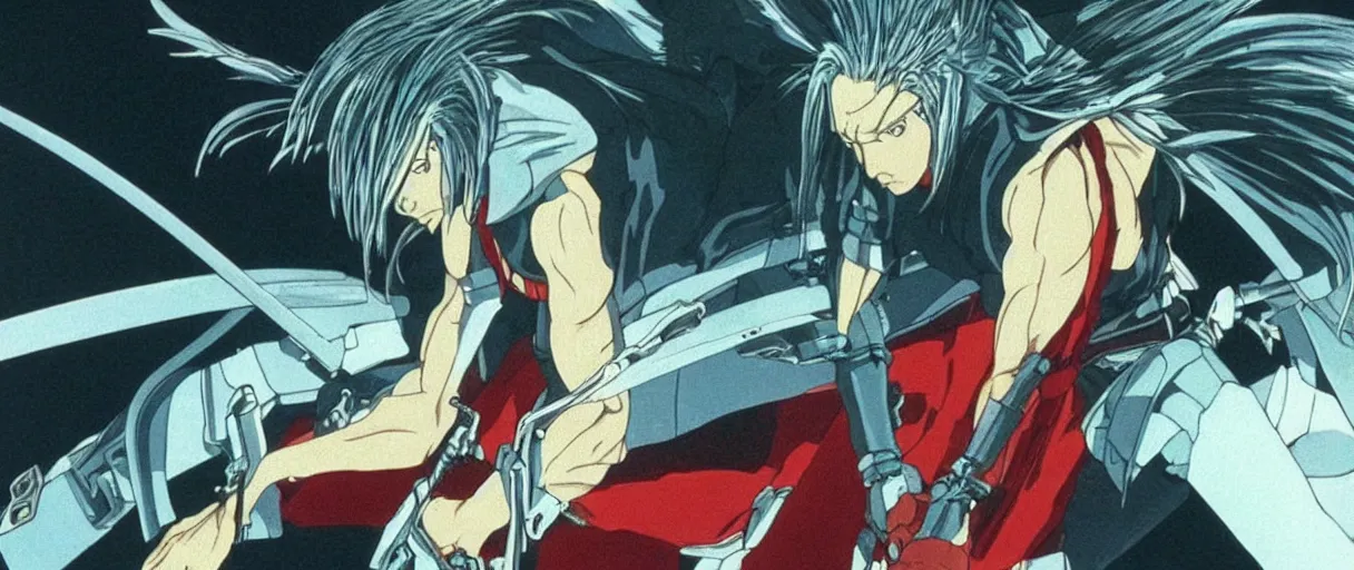 Image similar to “still frame of Sephiroth in 1988 anime film Akira by Katsuhiro Otomo, screenshot, color”