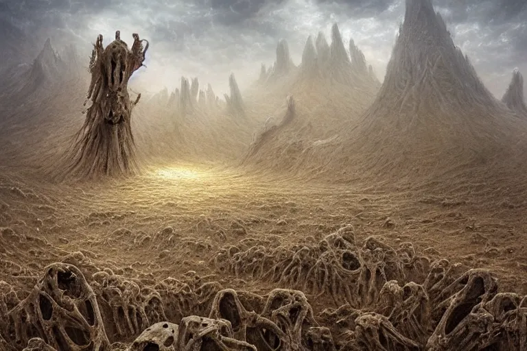 Image similar to amazing concept painting, by Jessica Rossier and HR giger and Beksinski, prophecy, hallucination, the middle of a valley; it was full of bones, bones that were very dry, there was a noise, a rattling sound, and the bones came together, bone to bone , I looked, and tendons and flesh appeared on them and skin covered them, but there was no breath in them and breath entered them, they came to life and stood up on their feet a vast army