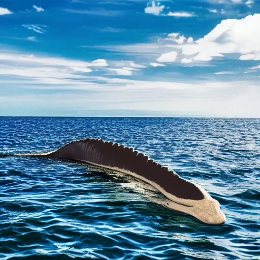 Prompt: photo of a plesiosaur swimming next to boat in crystal clear tropical water