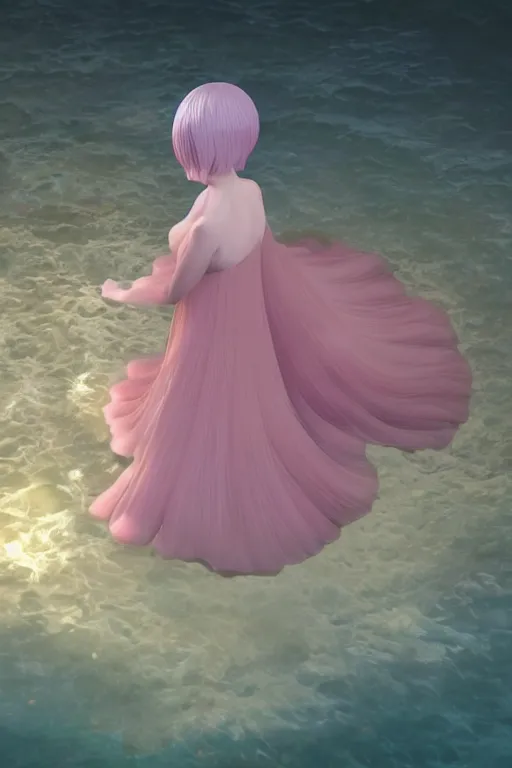 Image similar to 3D CG anime Land of the Lustrous Houseki no Kuni character Ventricosus translucent very light pink jelly woman with thick chest size and pink transparent bouffont dress frills standing at the bottom of the ocean near the surface, sun rays shine through the water, facing the camera, beautiful composition, 3D render, cel shaded, 8k, key visual, made by Haruko Ichikawa, Makoto Shinkai, studio Ghibli, Kyoto Animation