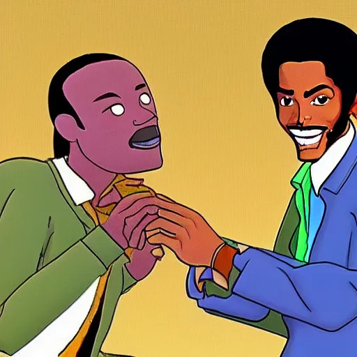 Image similar to marvin gaye singing to michael jackson, cartoon, animated series, unreal engine, psychedelic