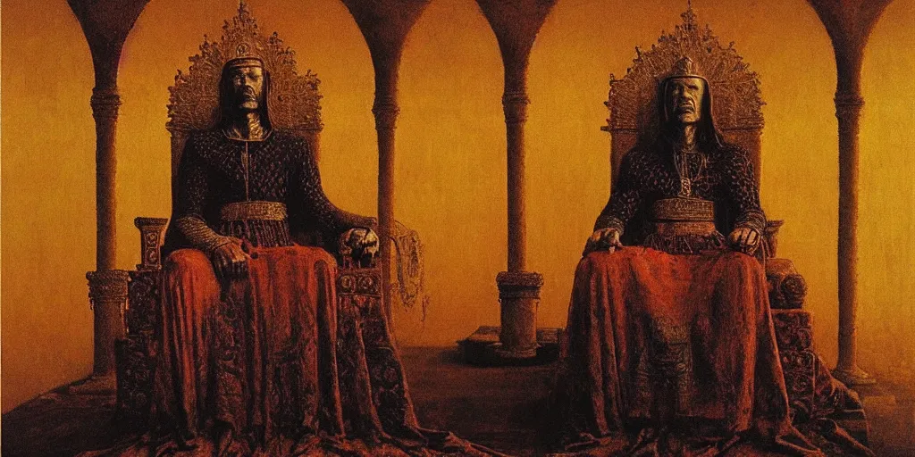 Prompt: a medieval king sitting on a golden throne in a palace, beksinski painting