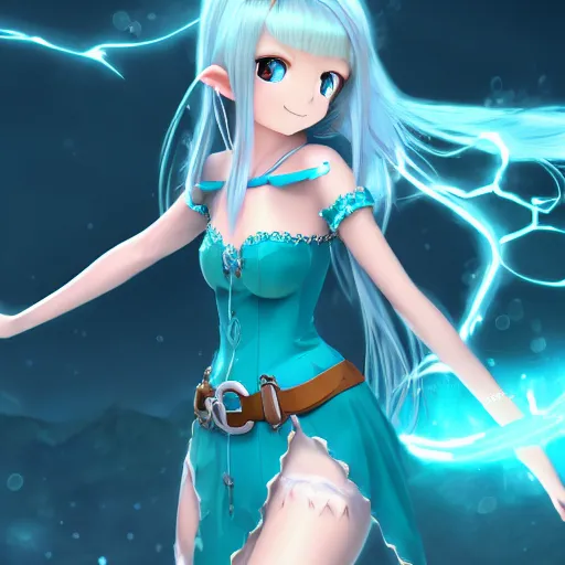 Prompt: elf girl render as a very beautiful 3d anime girl, full-body character sheet of long braided silver hair, azur blue eyes, full round face, belly free teal dress, short smile, in snow, cinematic lightning, medium shot, mid-shot, highly detailed, trending on Artstation, Unreal Engine 4k, cinematic wallpaper