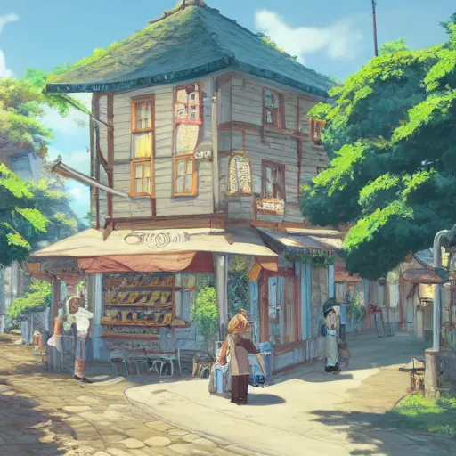 Image similar to concept art painting of a historic bakery with european and japanese architecture, window with baked goods, in a woodland village surrounded by trees and mountains, realistic, detailed, cel shaded, in the style of makoto shinkai and greg rutkowski and james gurney