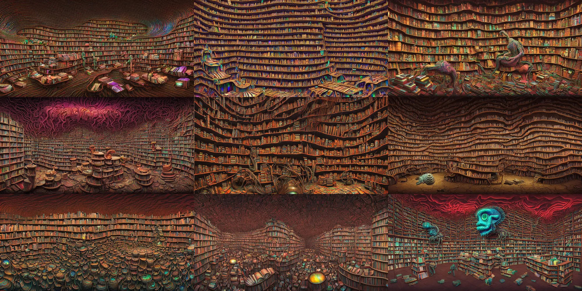 Prompt: insanely detailed generative archvis render of the bookshop of giant iridescent trilobites, masterwork, aerochrome eyes, fungal pages, Cronenberg bookshop, by Mark Ryden, Jeff Koons, Moebius, zdzisław beksiński, houdini, siggraph, threadlike, renderfarm