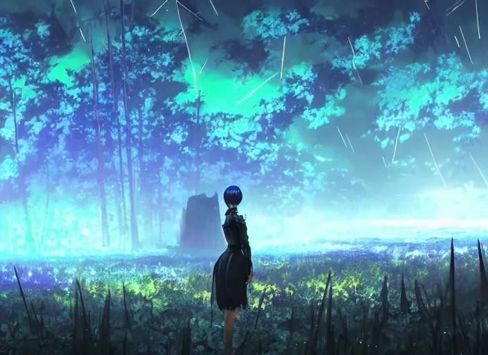 Image similar to scenery artwork, scene luminous, bioluminescent acrylic and cold nier automata pixiv scenery artwork : nature dream wire vegetation magic density infinite, macro seminal dream points of icy, frozen vaporwave shards tempted to turn into a dream scenery, high quality topical render, nier automata, concept art