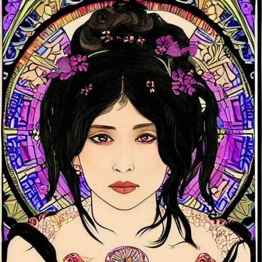 Prompt: beautiful illustration of a Mexican woman of 40 years old, with curly black and silver hair, the woman has profound black eyes, her skin is light brown, dressed with shamanic clothes, in the style of yoshitaka amano and alfons mucha