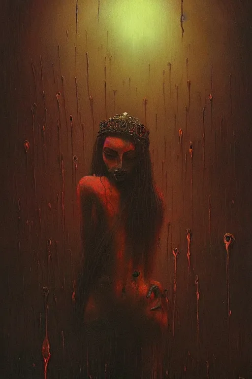 Image similar to queen of darkness painting in the style of beksinski, violent, high delicate defined details, beautiful, atmospheric, rain, matte, 3 d 8 k octane rendered, sharp focus, illustration, high detail, ultra realistic