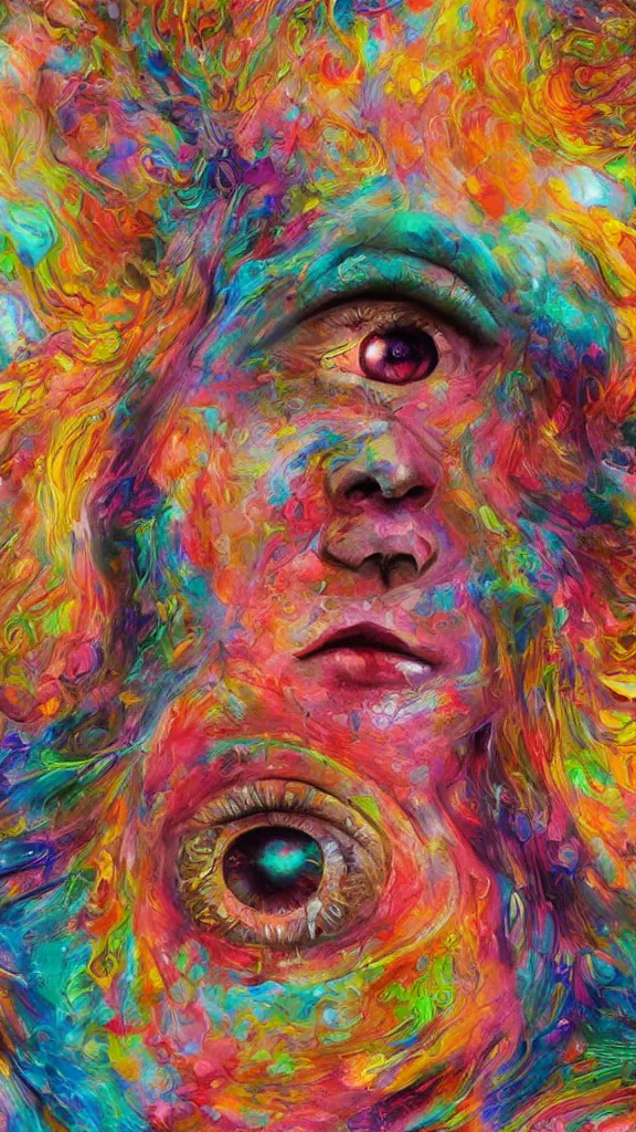 Image similar to hyperrealistic abstract close-up female! portrait Renaissance psychedelic!! celestial happy! pure creature!! peaceful! kind spirit of nature! beautiful fractal!! eyes! highly detailed concept art eric zener elson peter cinematic hard rainbow lighting high angle hd 8k sharp shallow depth of field endless, inspired by Zdzisław Beksiński Salvador Dali