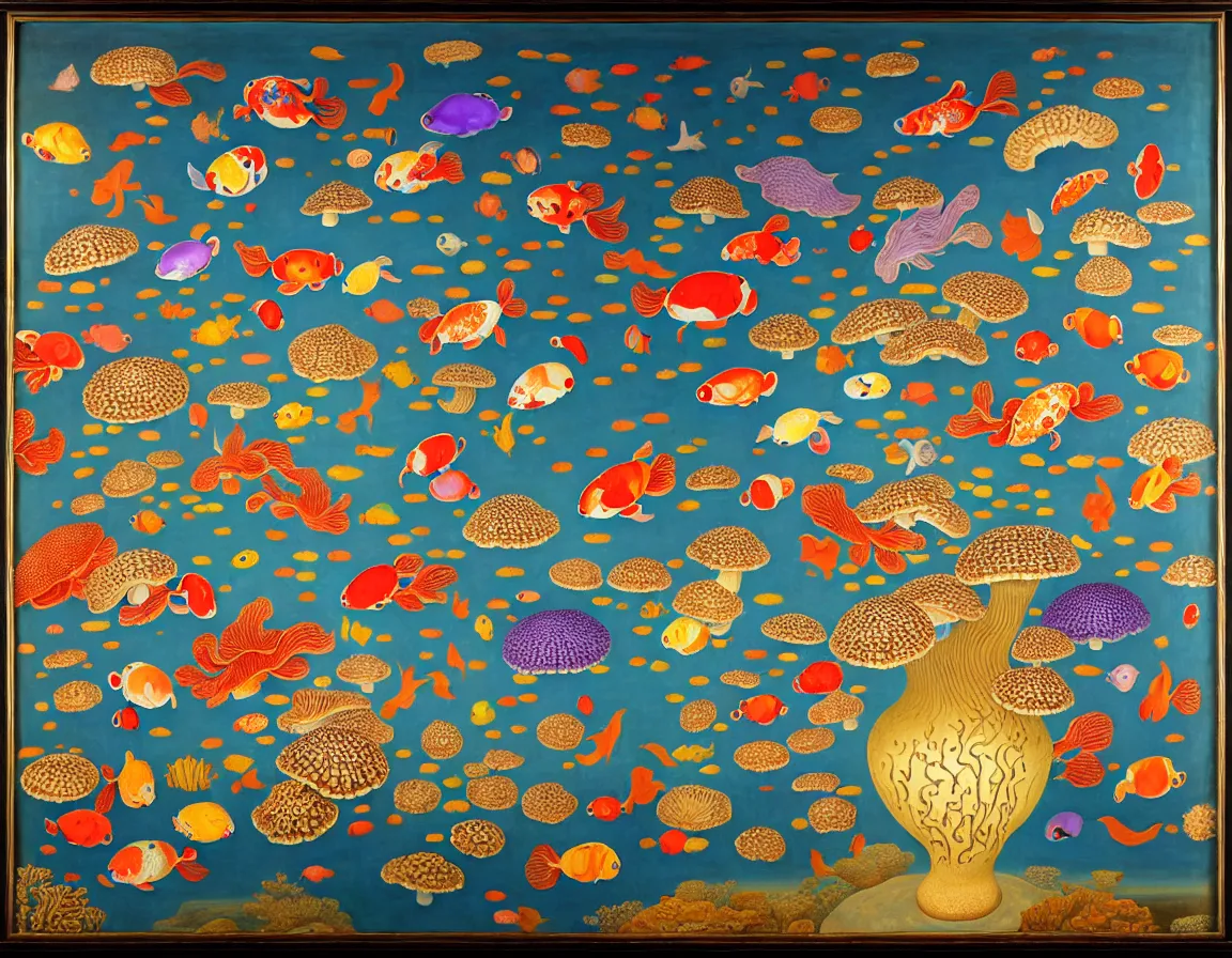 Prompt: vase of mushroom in the sky and under the sea decorated with a dense field of stylized scrolls that have opaque purple outlines, with mutant koi fishes with 4 eyes and 2 heads and sponges, ambrosius benson, oil on canvas, hyperrealism, light color, no hard shadow, around the edges there are no objects