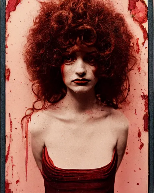 Prompt: an instant photo of a beautiful but sinister woman in layers of fear, with haunted eyes and curly hair, 1 9 7 0 s, seventies, delicate embellishments, a little blood, crimson, painterly, offset printing technique, mary jane ansell