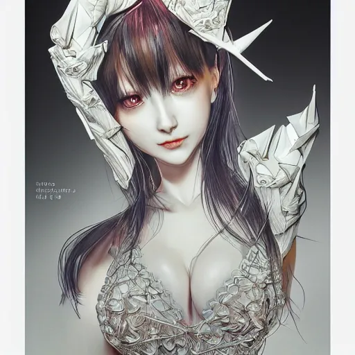 Prompt: the portrait of an absurdly beautiful, elegant, psychopathic gravure idol made of white paper origami cranes, hyperrealistic illustration by kim jung gi, colorful, extremely detailed intricate linework, detailed faces, smooth, super sharp focus, bright colors, high contrast, matte, octopath traveler, final fantasy, unreal engine 5 highly rendered, global illumination, radiant light