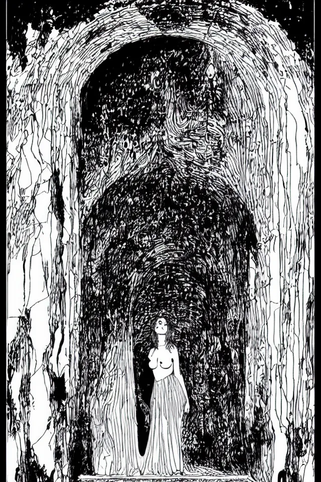 Image similar to beautiful woman at the entrance of the temple of desire by sergio toppi and apollonia saintclair