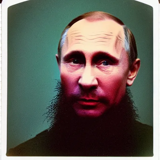 Prompt: polaroid photo of vladimir putin getting slimed, about 7 0 years old, with wrinkles on his face, looking towards infinity with a sad look, a two - day beard and a woolen cap while his lips are chapped by the sun, as well as his dark complexion