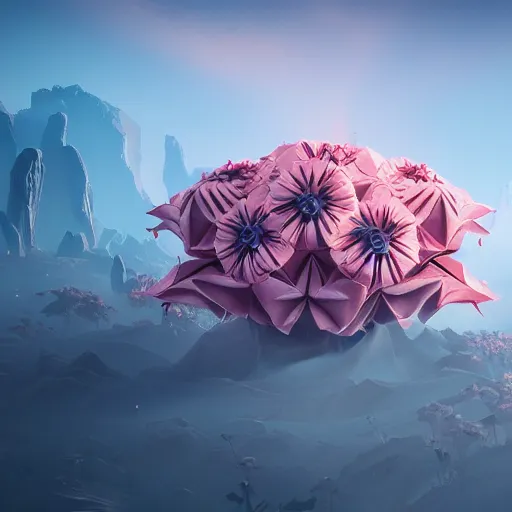 Image similar to an epic flowering alien landscape in the style of origami, 8 k, cinematic light, artstation